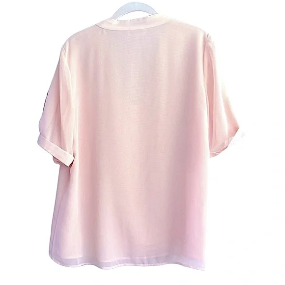 Calvin Klein Short Sleeve Chiffon Blouse V-neck Pale Pink Size L - Picture 2 of 9